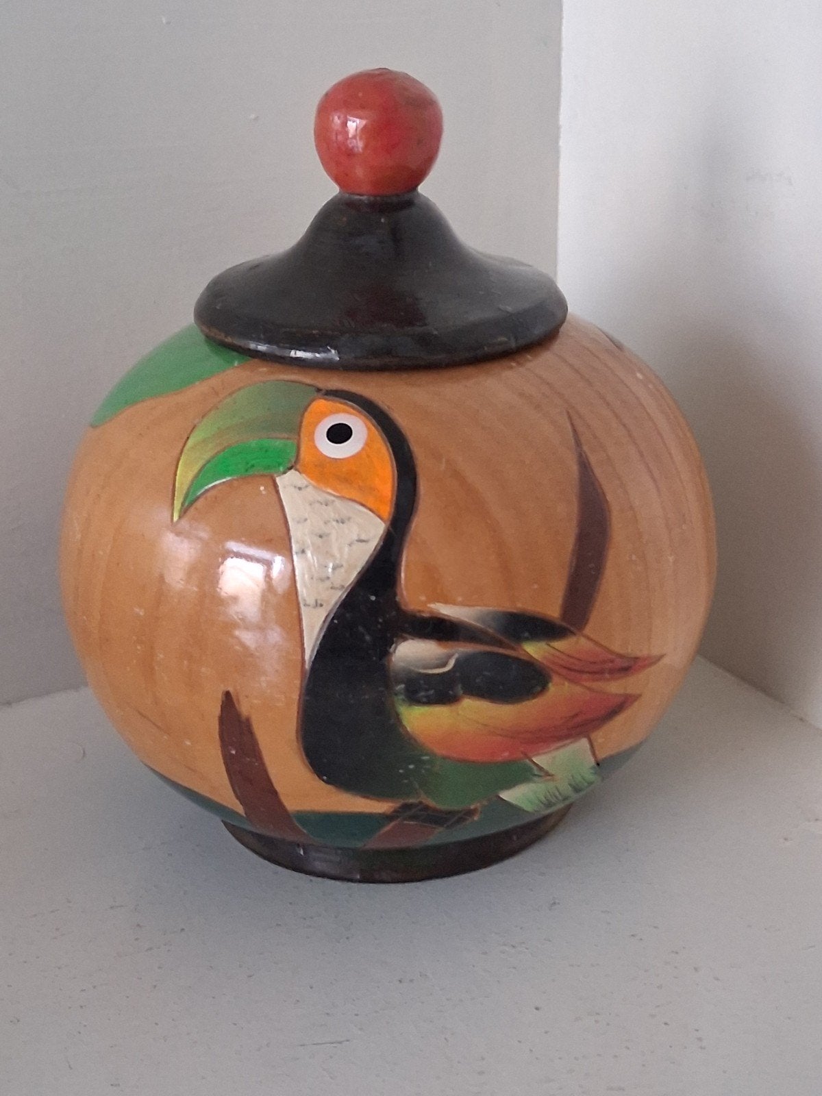 Handbeschilderd Houten Potje met Deksel – Tropische Vogels, Houtsnijwerk, Minder dan 20 cm, Ophalen of Verzenden, Hout
