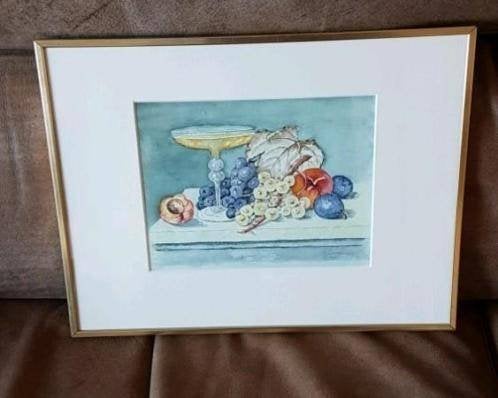 aquarel N. Visser wijn en fruit gesigneerd, Ophalen