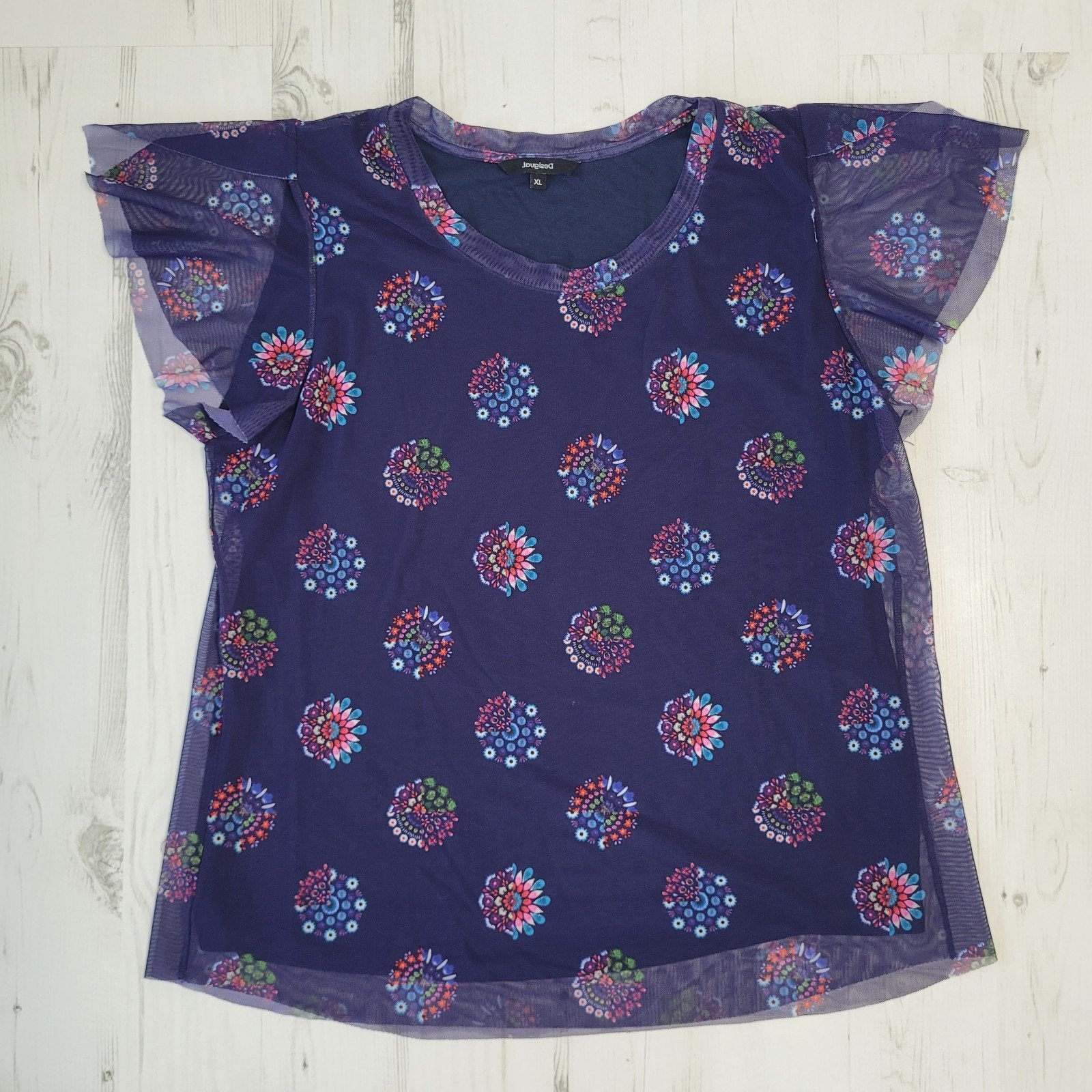 Desigual top blouse XL sheer mouwen ronde hals paars bloemen, Kleding | Dames, Tops, Paars, Maat 46/48 (XL) of groter, Ophalen of Verzenden
