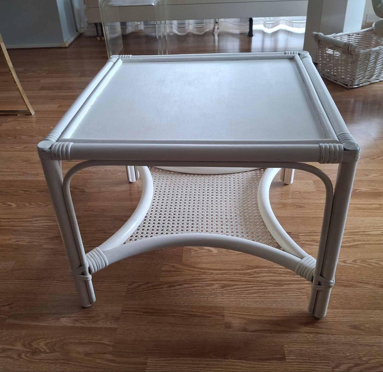 Vintage rotan/bamboe tafel met webbing, Ophalen, Gebruikt, Vierkant, Bohemian