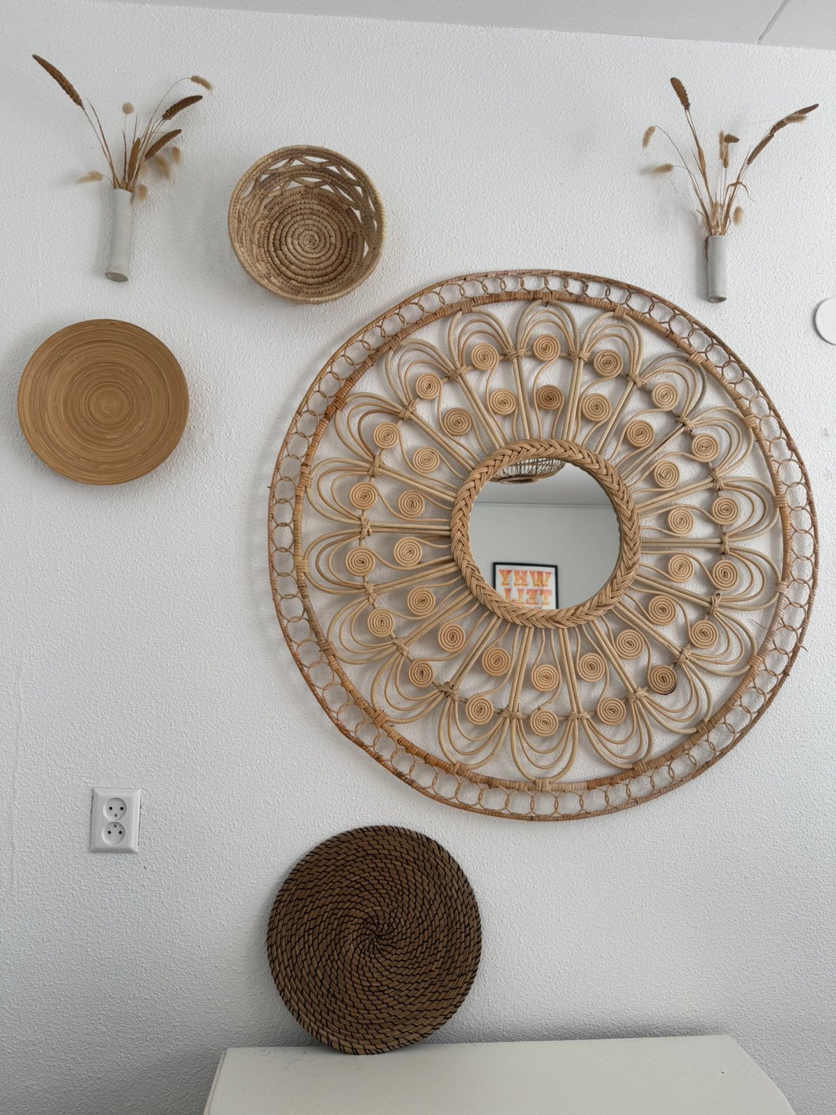 Spiegel + decoratie rotan boho Ibiza style, Huis en Inrichting, Ophalen, Rond, Zo goed als nieuw, 100 tot 125 cm