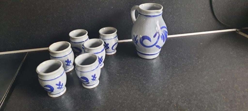 Keulse kan plus 6 bekers en zoutpot, Ophalen of Verzenden