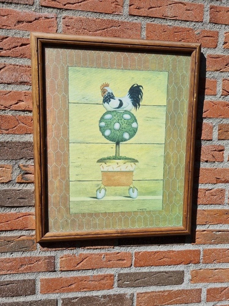 schilderij prent haan en eieren j.wiens, Ophalen of Verzenden, 'T Olde Gre-j, Info@toldegrej.nl, Endepoelstraat 20f Didam