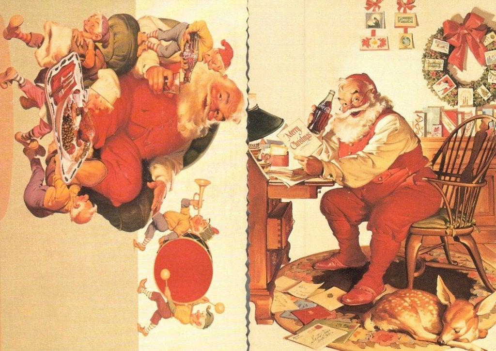 2x Coca Cola kerstman op ansicht voor € 1,60, Ophalen, 1940 tot 1960, Ongelopen, Feest(dag)