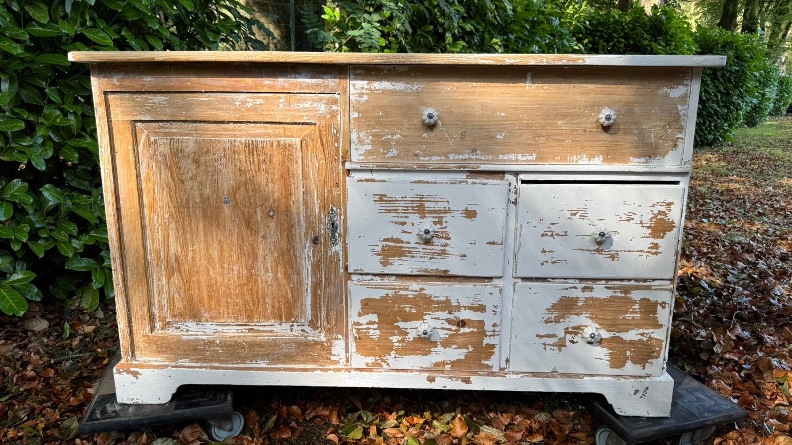 Dressoir, toonbank, antiek geloogd grenen, lades, panelen, Ophalen, Frans Landelijk, Gebruikt, Nvt