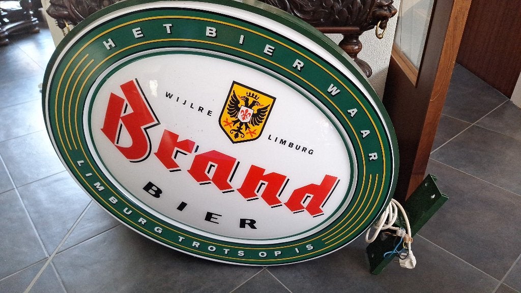 Groot uithangbord /lichtbak BRAND BIER - Ovaal met licht, Verzamelen, Biermerken, Ophalen, Zo goed als nieuw, Reclamebord, Plaat of Schild