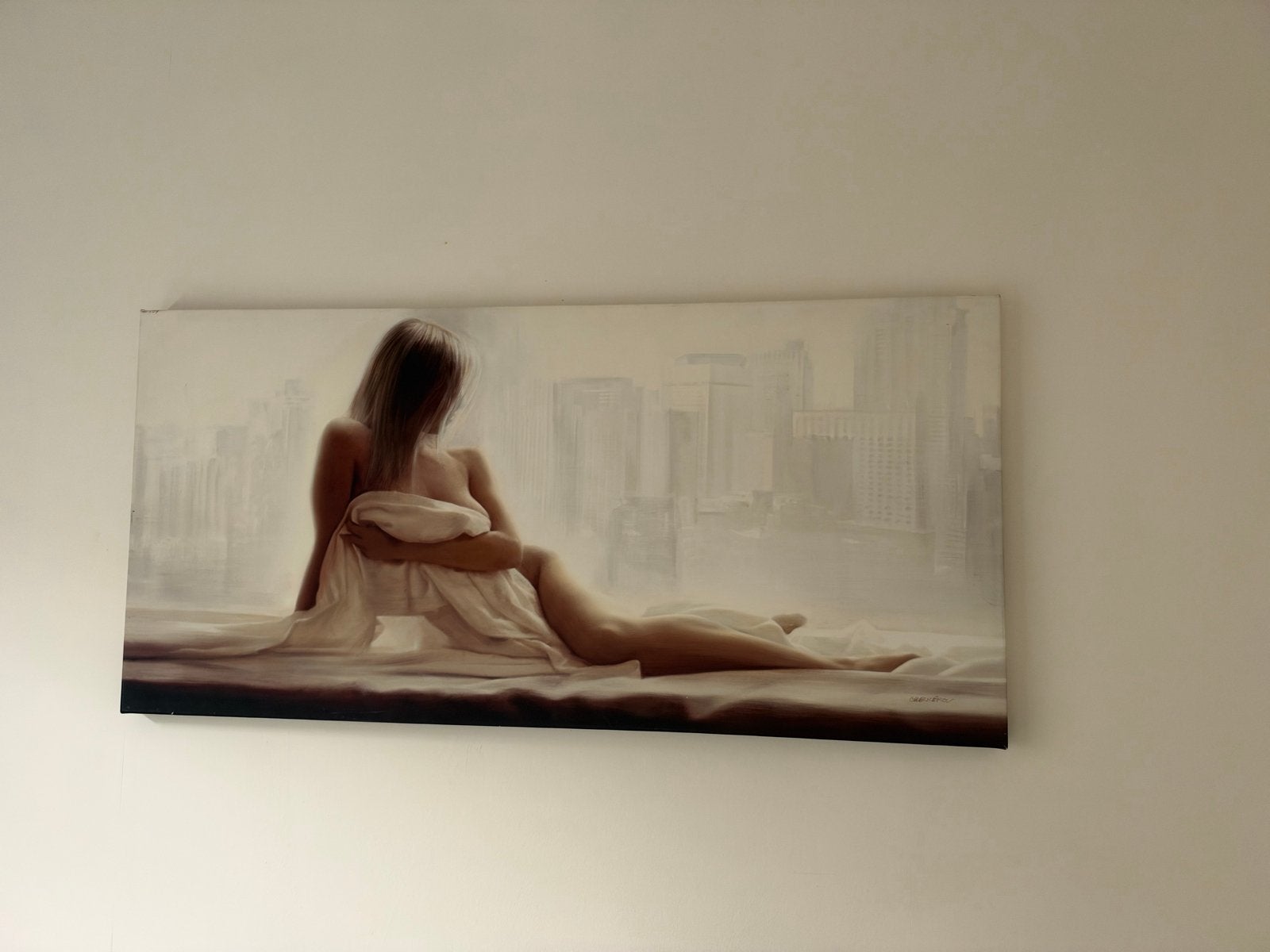Schilderij vrouw met stadsgezicht - 1.25m, Antiek en Kunst, Ophalen, Textiel, Op houten frame, Figuren