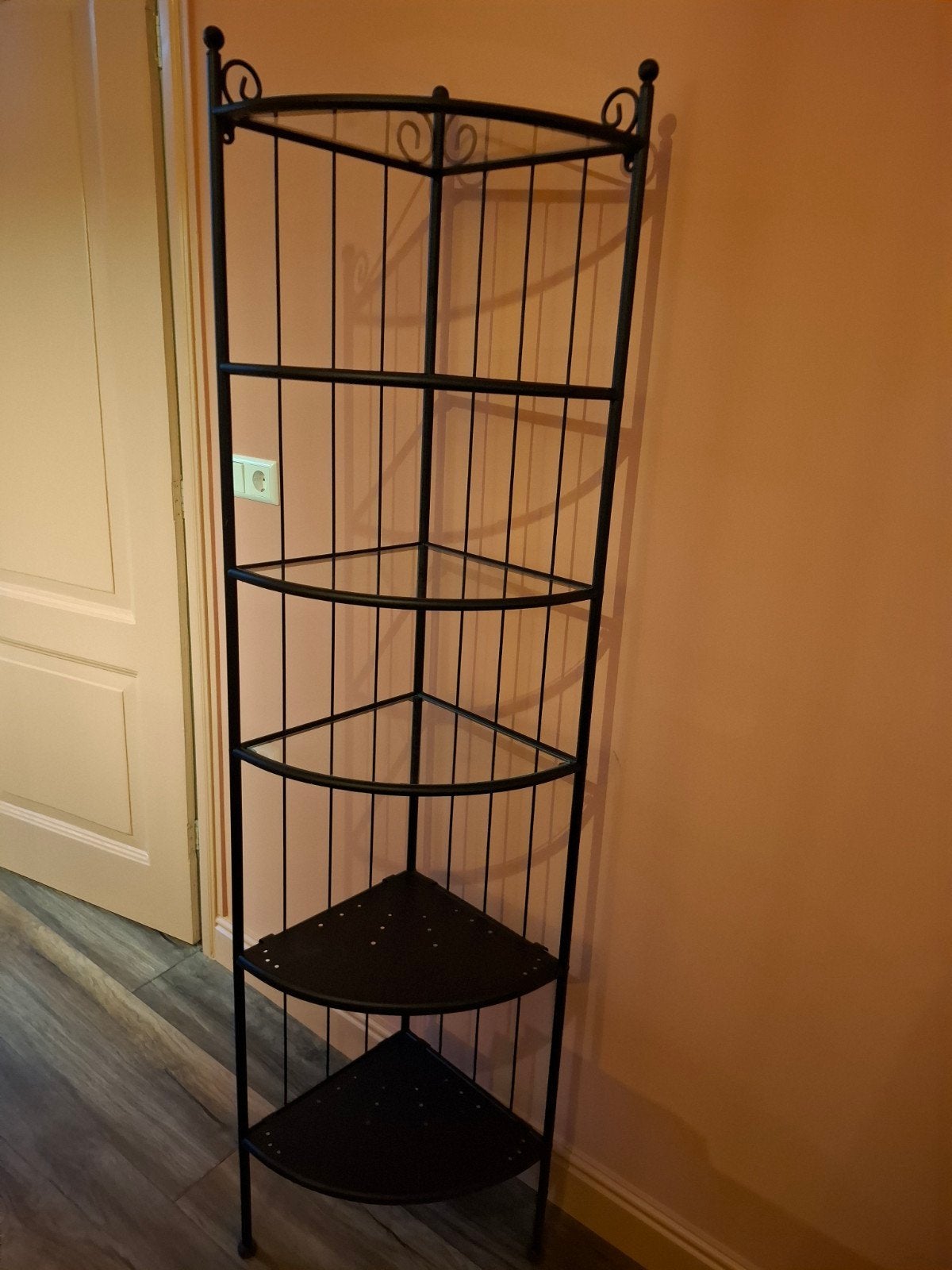 Ikea Rönnskär hoekkast met glazen en metalen plankjes, Ophalen, Gebruikt