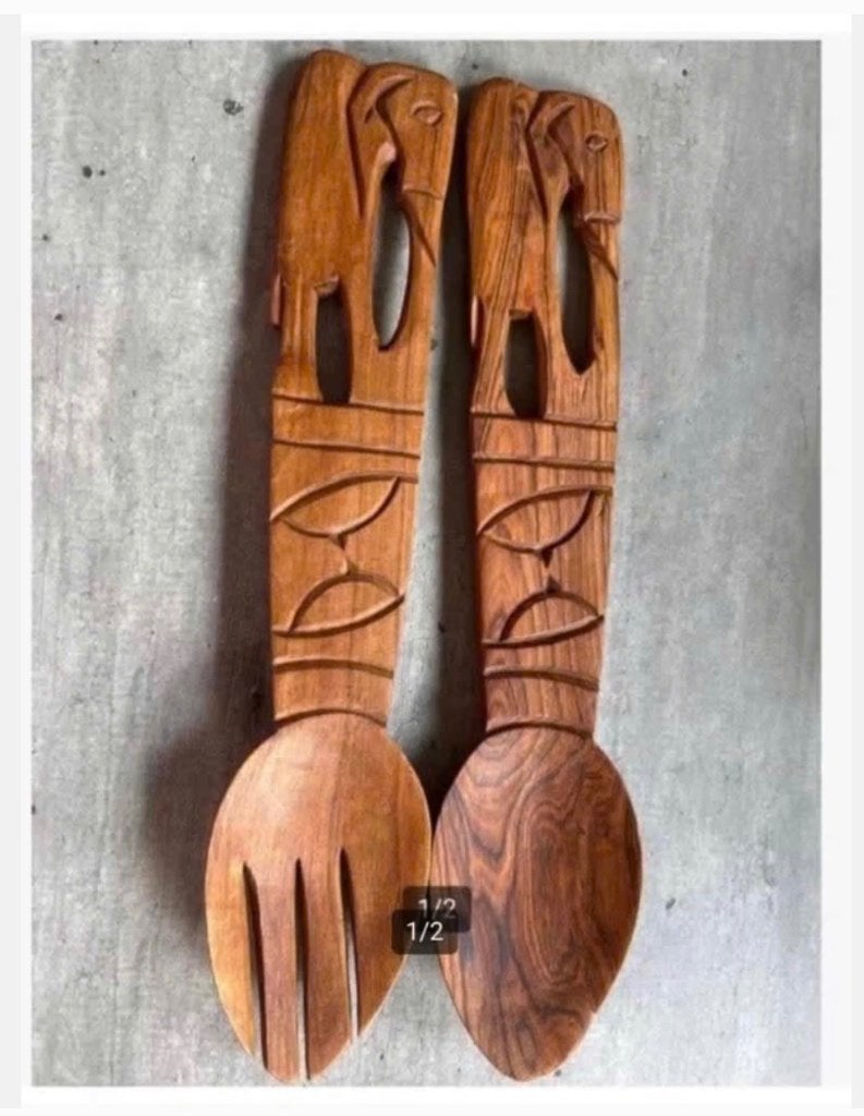 Houten Couvert lepel en vork Set met Olifanten, Ophalen of Verzenden
