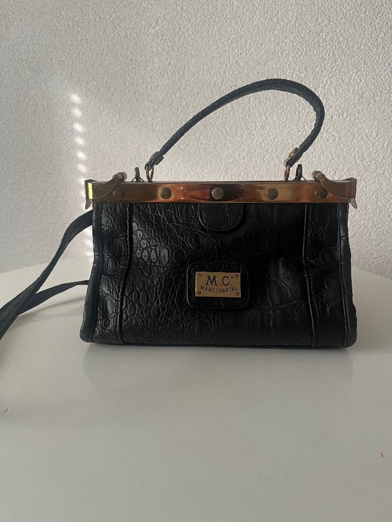 Vintage handtas krokoprint zwart, Ophalen of Verzenden, Gebruikt, Zwart, Handtas