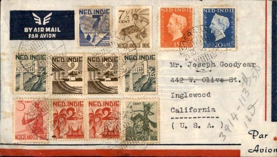 Zeldzame luchtpostenvelop Nederlands-Indië naar VS - 1947, Verzenden, Envelop