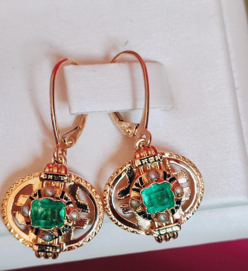 Antieke gouden oorhangers met smaragden en zaadparels,ca1860, Sieraden, Tassen en Uiterlijk, Antieke sieraden, Ophalen of Verzenden