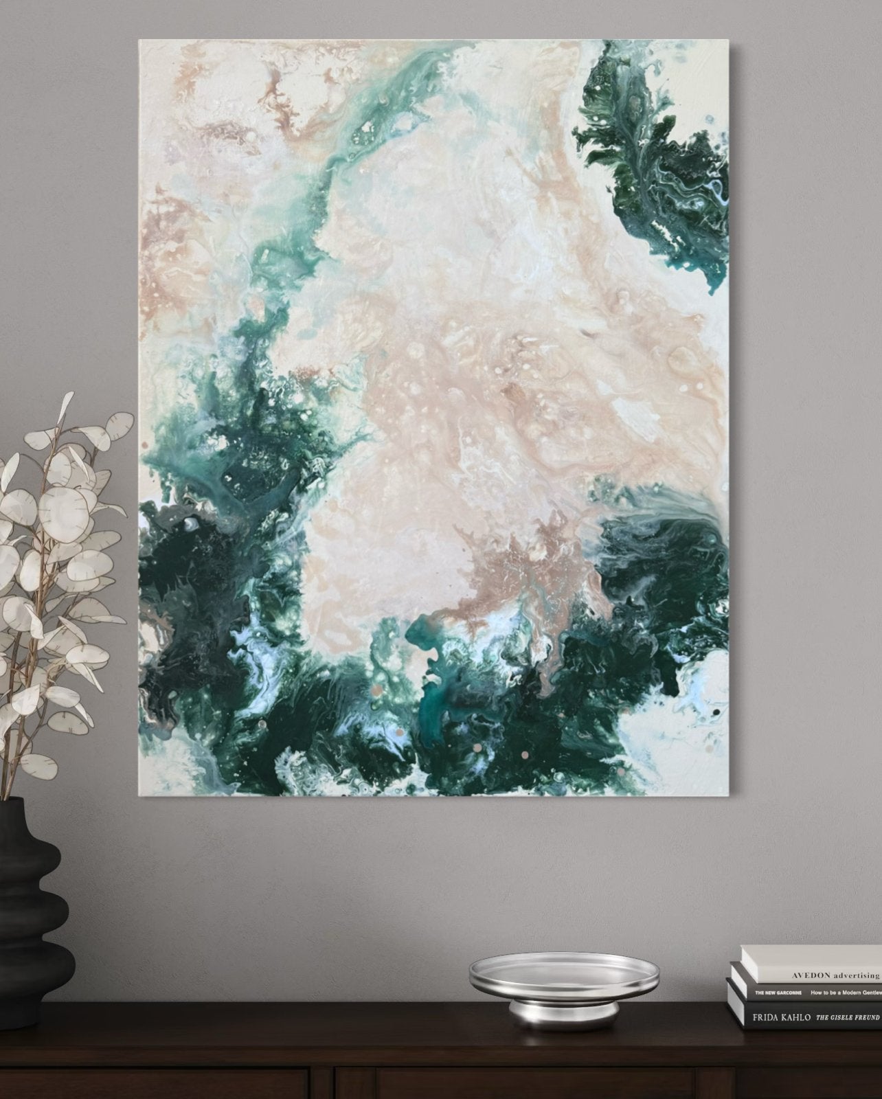 Handgemaakt abstract schilderij groen beige | 90x70 cm, Ophalen of Verzenden