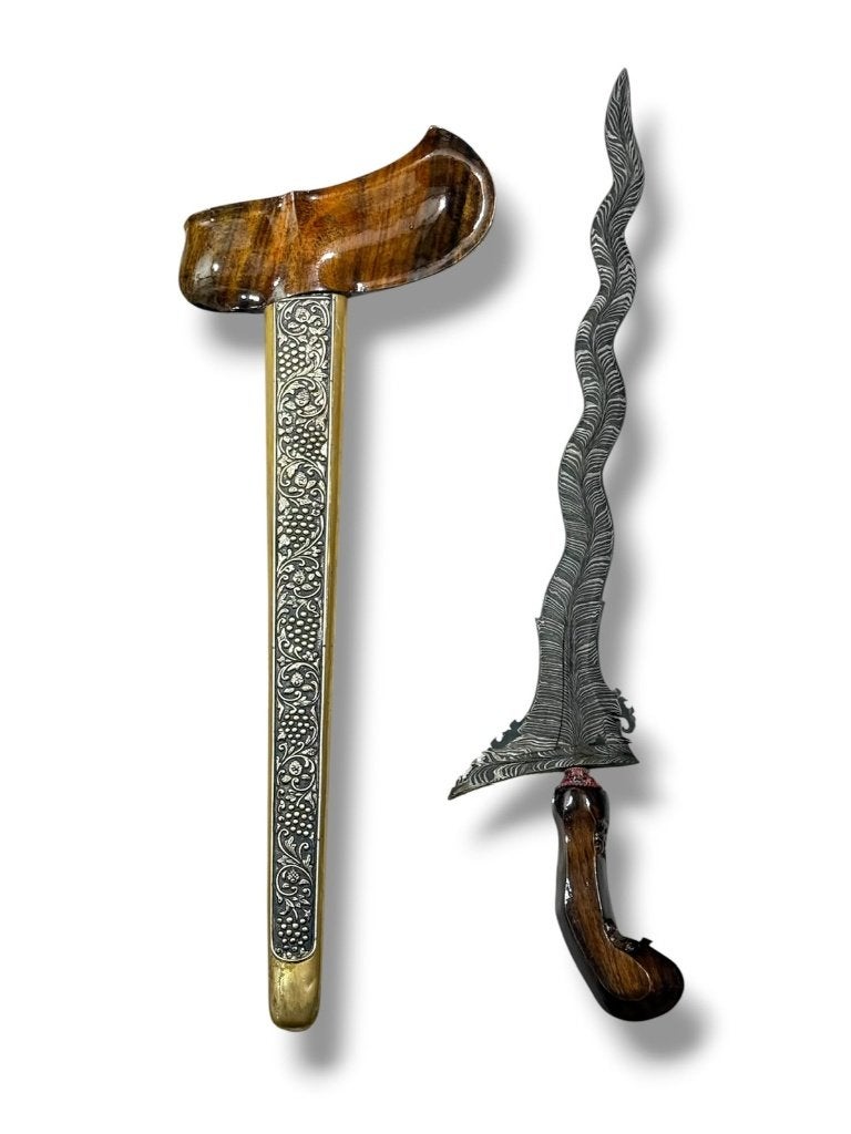 Antieke Keris Paniwen 9 Luk Pamor Blarak Sineret Teak SVG81, Verzenden