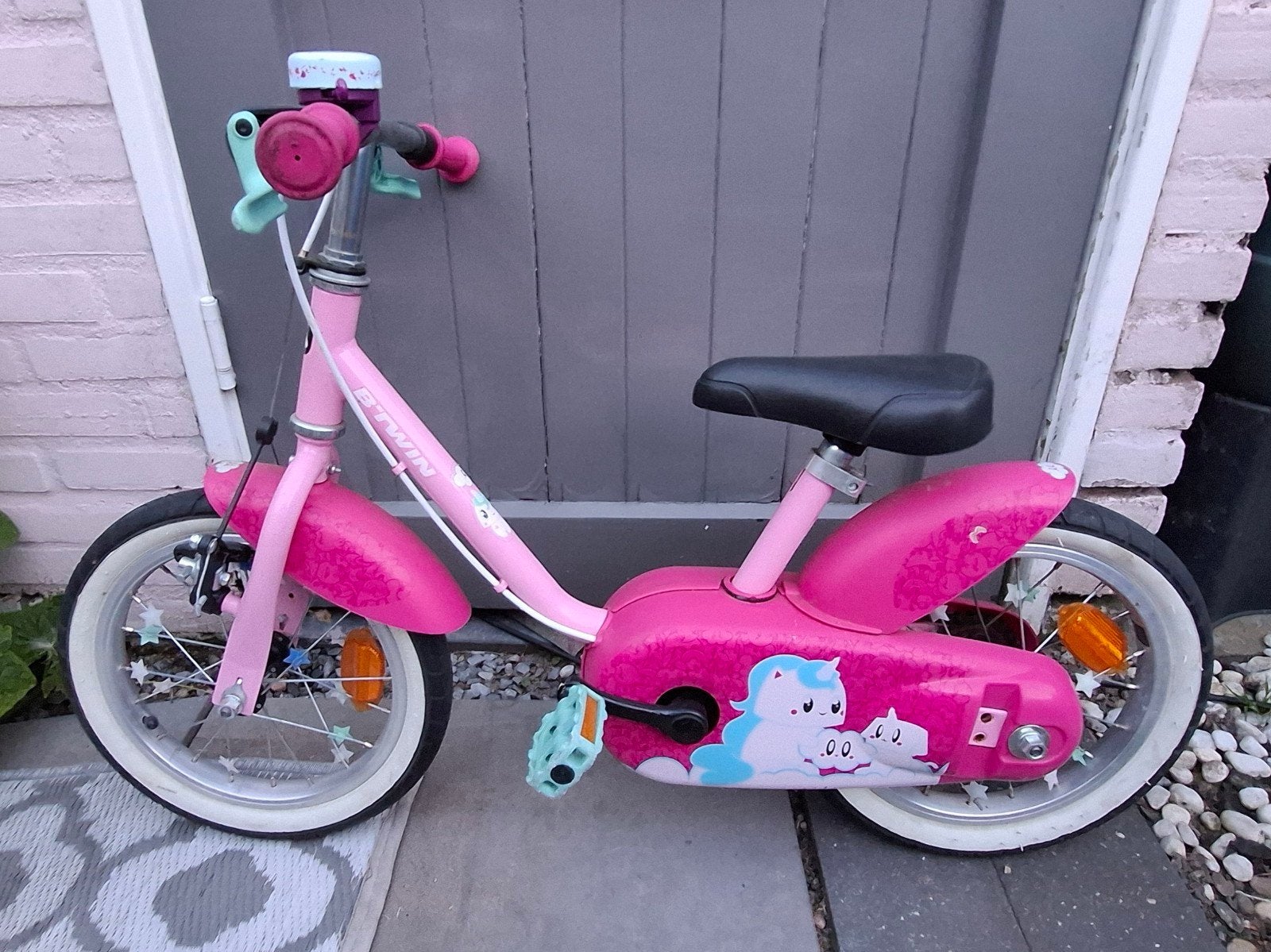 B'Twin kinderfiets roze | 14 inch | Unicorn, Ophalen, Gebruikt, Velgrem, Minder dan 16 inch
