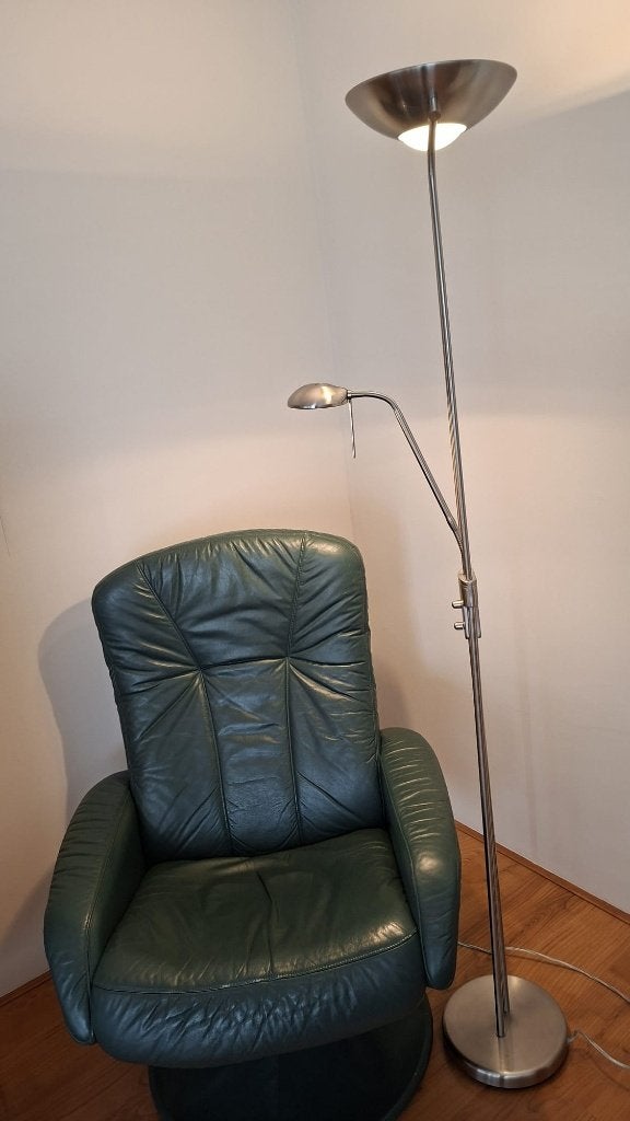 Staande stalen uplight vloerlamp en leeslamp, Huis en Inrichting, Lampen | Vloerlampen, Ophalen, Gebruikt, Metaal, Modern