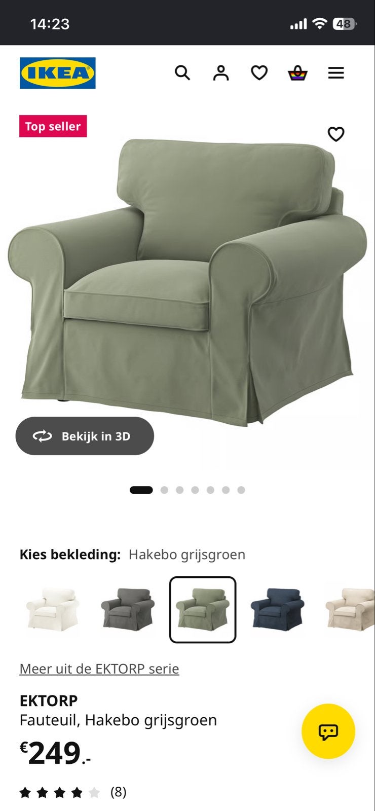 IKEA EKTORP Fauteuil Hakebo grijsgroen, Huis en Inrichting, Ophalen, Gebruikt, Stof, 75 tot 100 cm