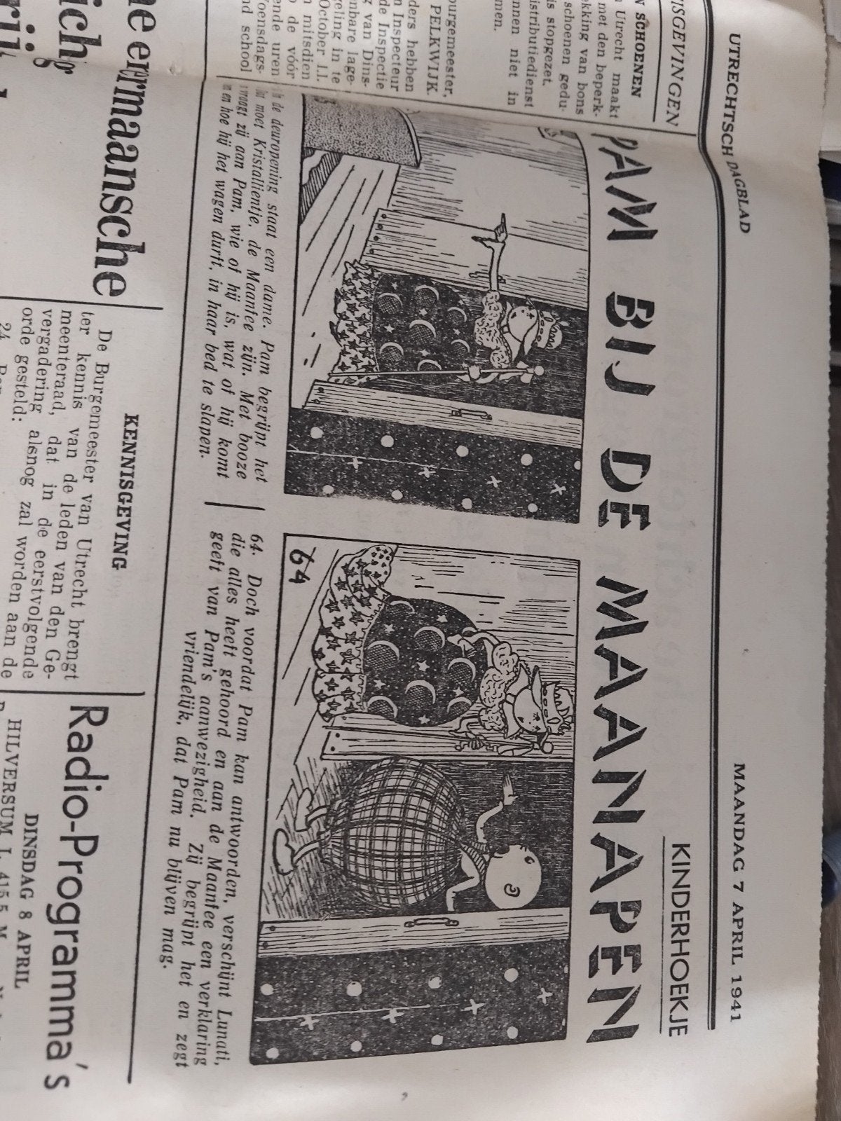 5x Pam bij de Maanapen - Kinderhoekje uit 1941, Ophalen of Verzenden, Gelezen, Krant