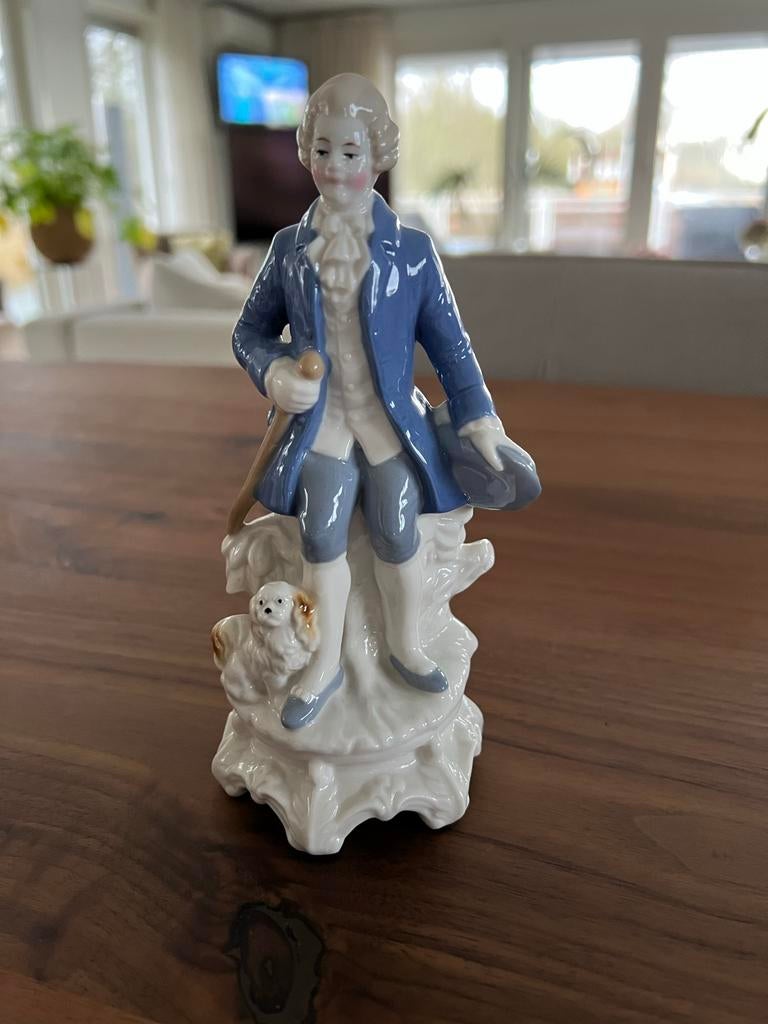 Vintage Porseleinen Beeldje: Man met Hondje (GDR), Ophalen of Verzenden