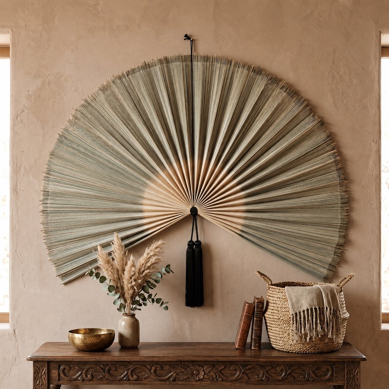 Bamboe waaier (123cm) voor aan de muur | Beige, Beige, Nieuw, Ophalen of Verzenden, Natuurlijk materiaal