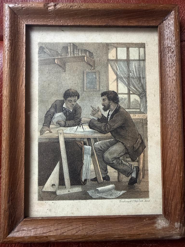 Antieke Litho: Twee Mannen aan Tekentafel, Tresling & Co, Antiek en Kunst, Ophalen of Verzenden