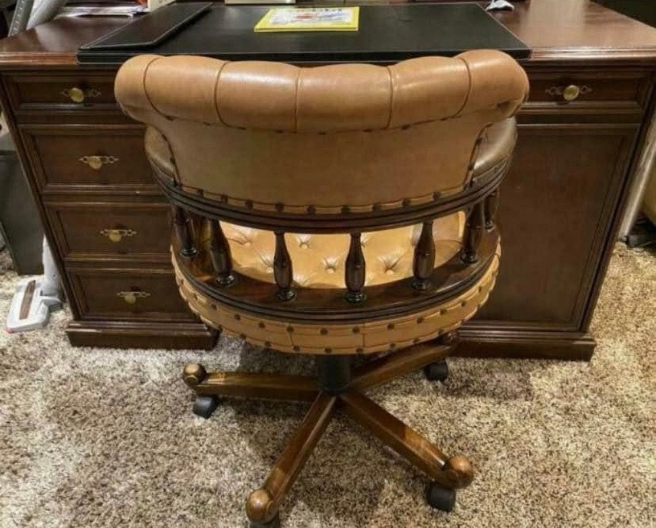Luxe Selva bureau en Bureaustoel - Cognac Leer & Hout, Ophalen, Zo goed als nieuw, Bruin, Bureaustoel