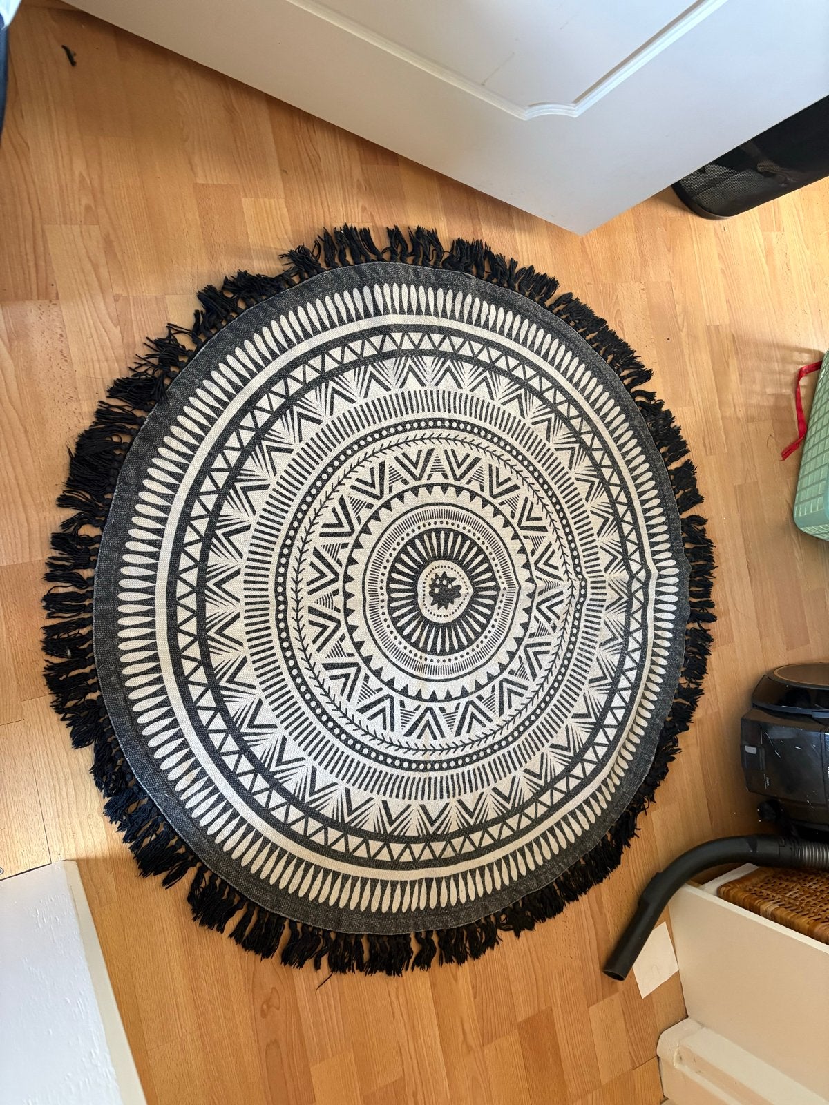 Rond vloerkleed met franjes - Zwart/Wit Bohemien Stijl, 50 tot 100 cm, Zwart, Rond, Zo goed als nieuw