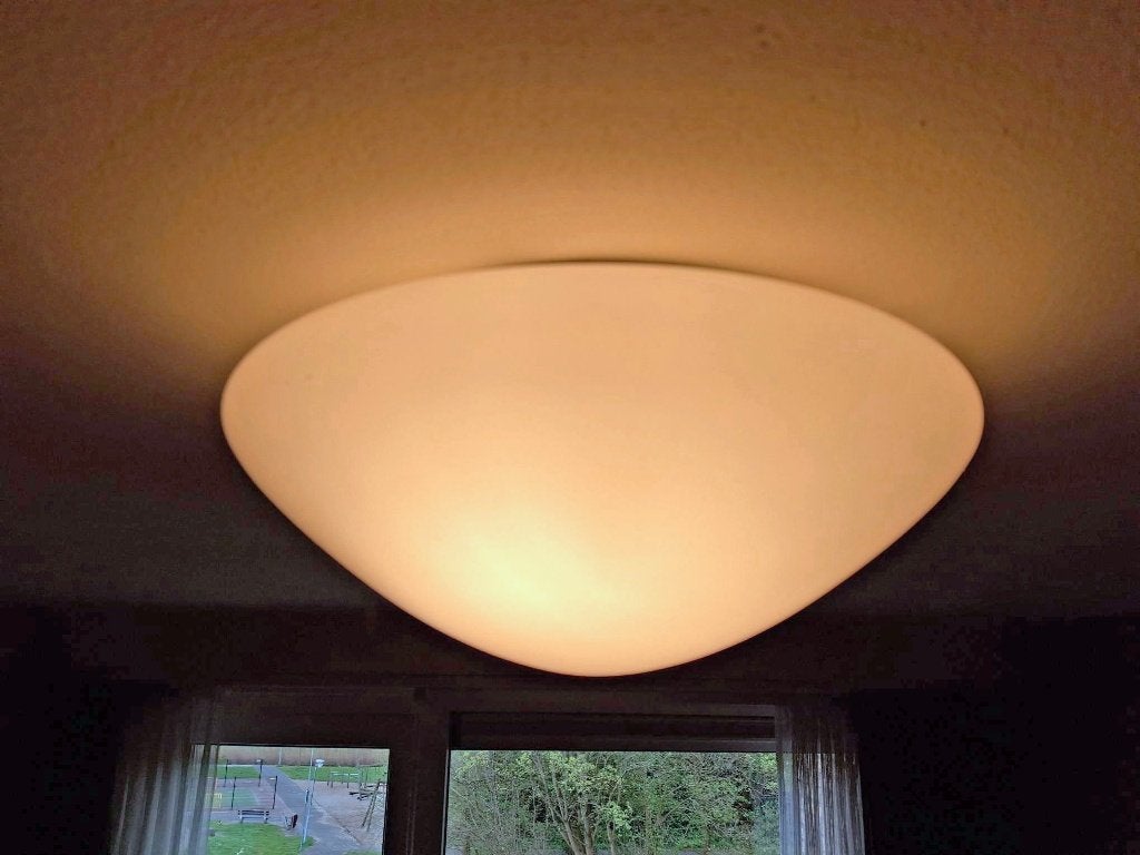 Vintage Gispen paddenstoel opaline plafondlamp, Gebruikt, Ophalen of Verzenden, Glas, 35 cm