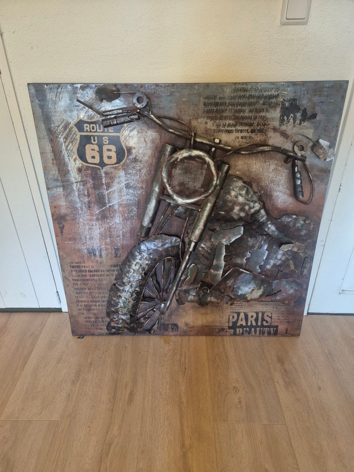 Stalen Schilderij Route 66 Motor 100x100cm, Ophalen of Verzenden