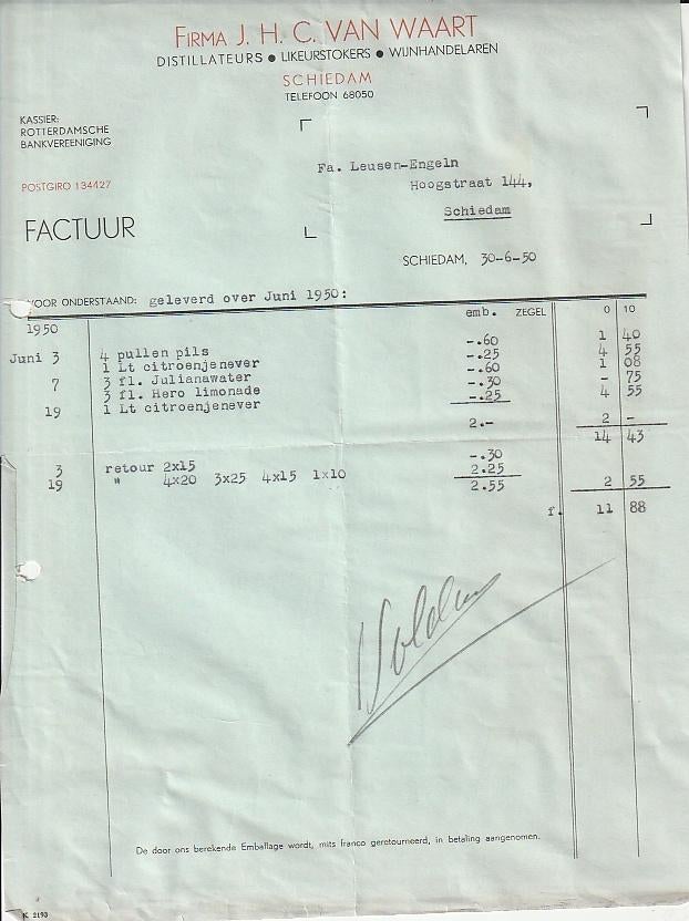 Schiedam distilleerderij Van Waart factuur 1950, Verzamelen, Ophalen of Verzenden, Zo goed als nieuw, Overige typen