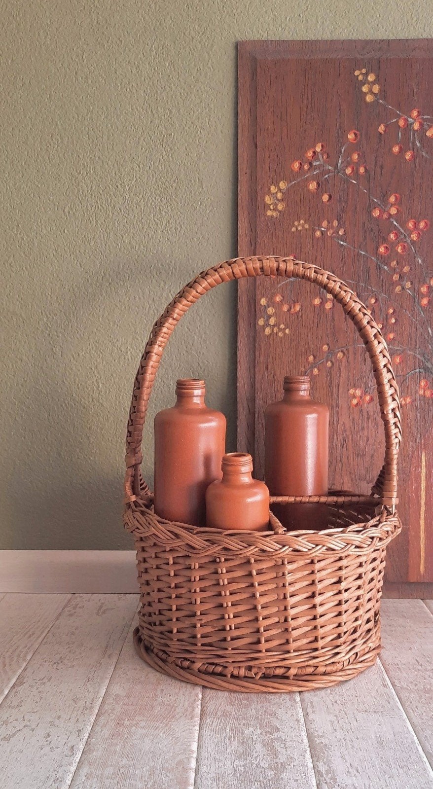 Vintage rotan flessenmand, Huis en Inrichting, Ophalen of Verzenden, Rond, Riet