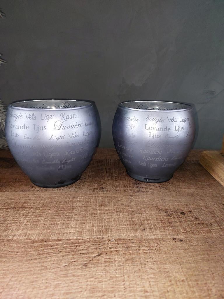 2x Windlicht met tekst - Grijs/Blauw, Overige materialen, Gebruikt, Blauw, Ophalen of Verzenden