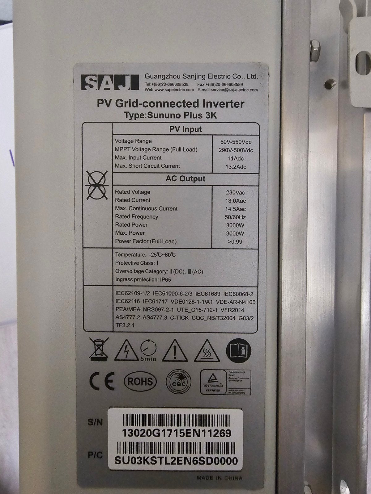 SAJI Sununo Plus 3K PV Grid-connected Omvormer, Ophalen of Verzenden, Gebruikt, Overige typen, 200 wattpiek of meer