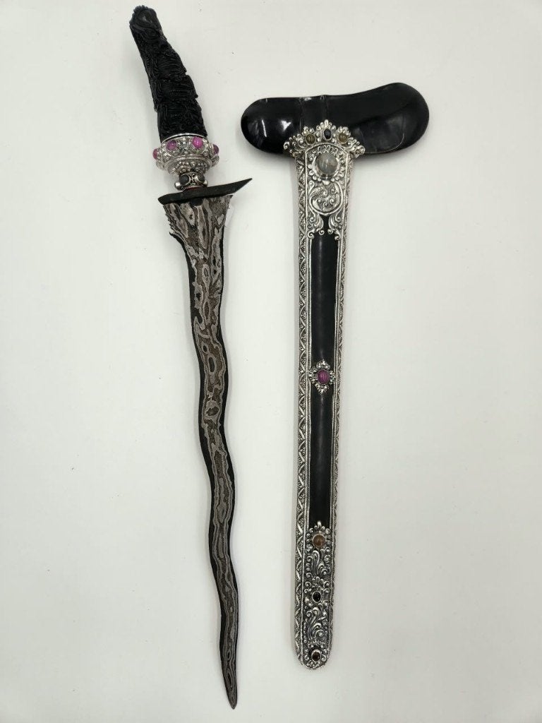 Antieke Keris Bali 9 Luk Pamor Ngulit Semangka Zilver KTC63, Gesneden, Wapen, Indonesië, Overige materialen