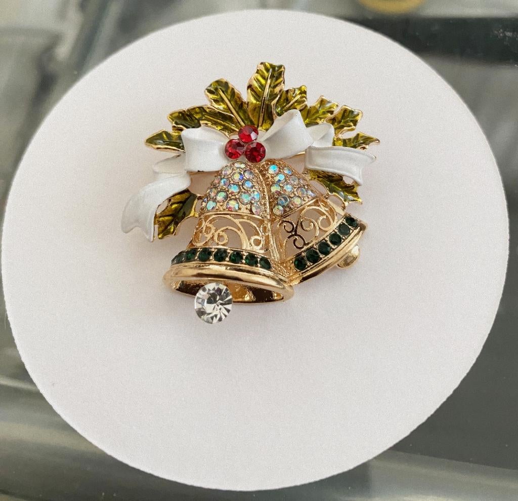 mooie Kerstbroche 2 Kerstklokjes aan een strik, goudkleurig, Sieraden, Tassen en Uiterlijk, Broches, Overige materialen, 4 tot 7 cm