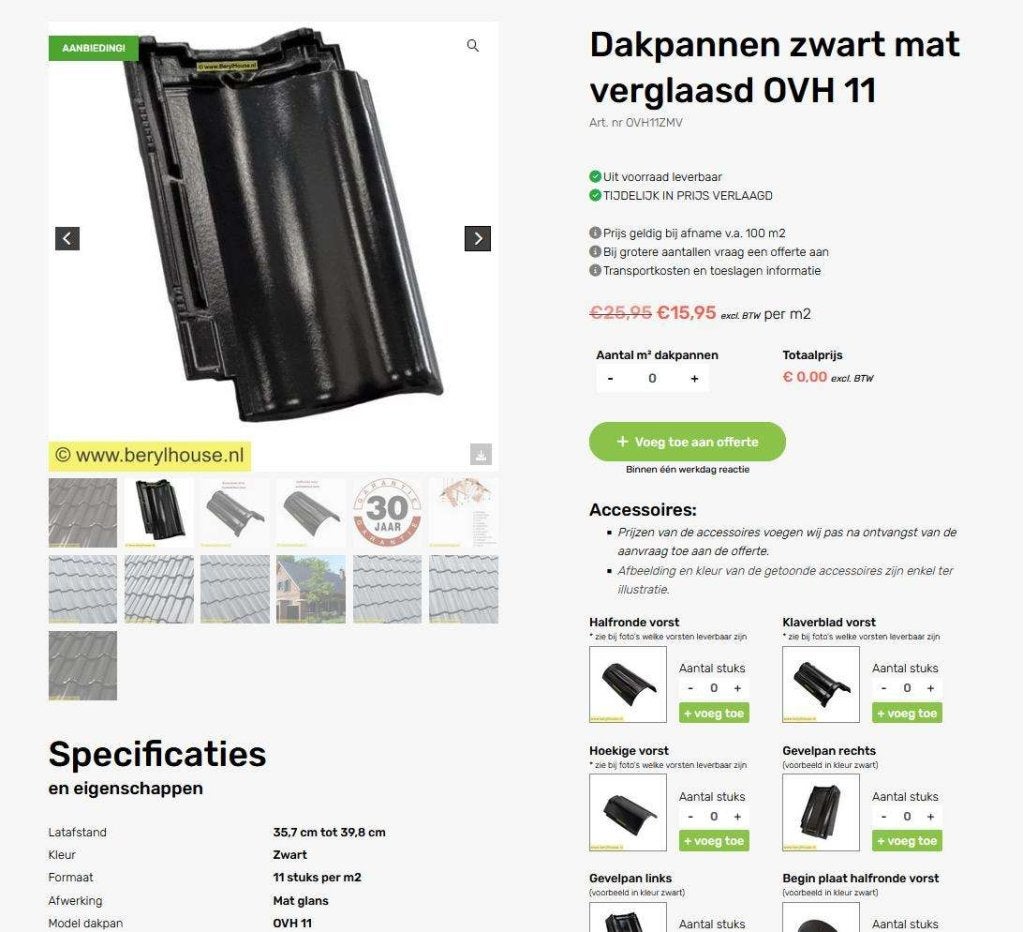 € 17,95 per m2  Gebakken dakpannen: OVH zwart mat verglaasd, Niet ingevuld, Róben, Steen of Klei, Verzenden