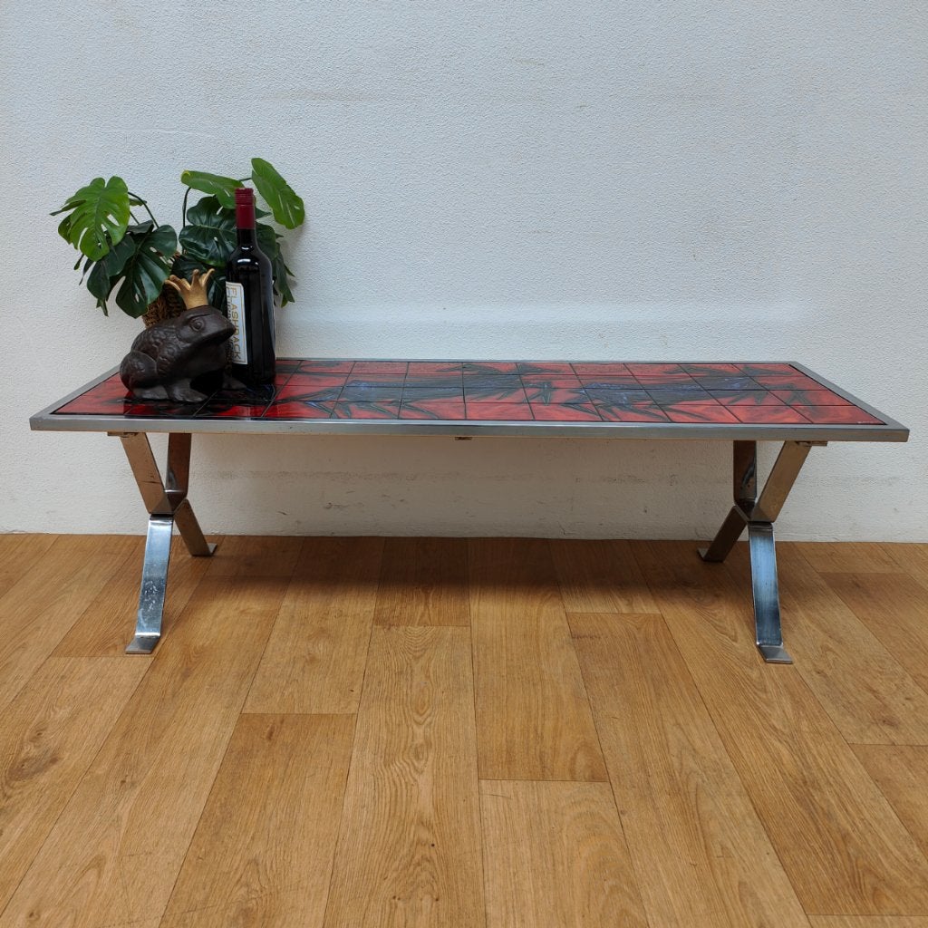 Vintage André Bayer tegeltafel salontafel koffietafel, Valkenswaard, 100 tot 150 cm, Info@flashbackfurniture.nl, Flashback Furniture