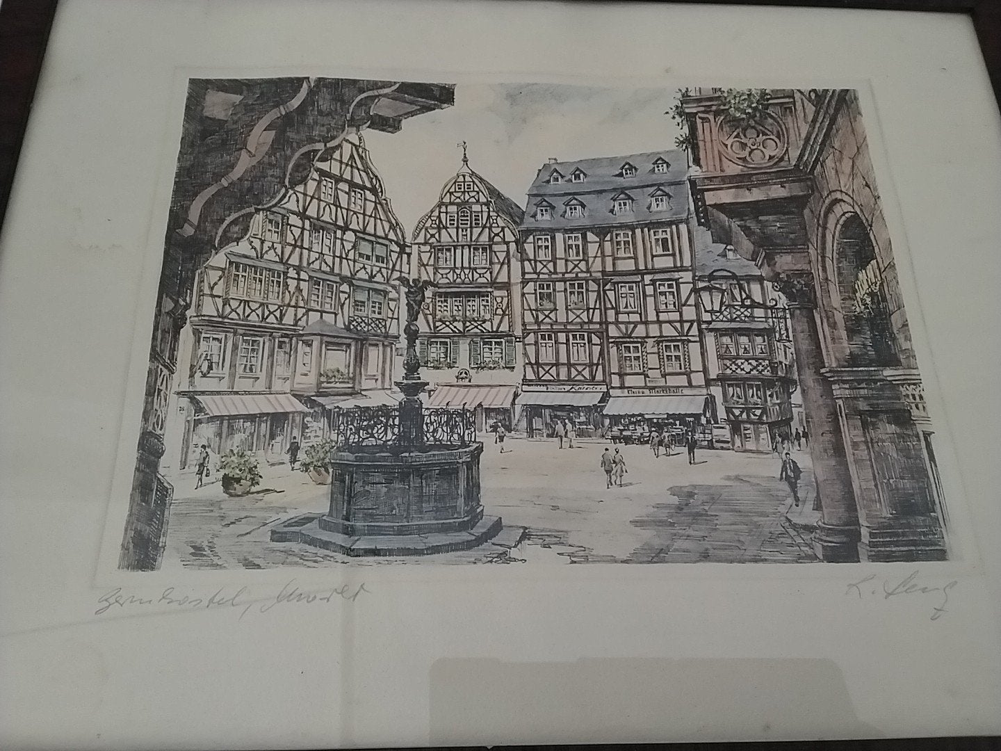 Oude stadsgezicht ets, handgekleurd, gesigneerd, Ets, Stadsgezicht, Handgekleurd, Ophalen of Verzenden