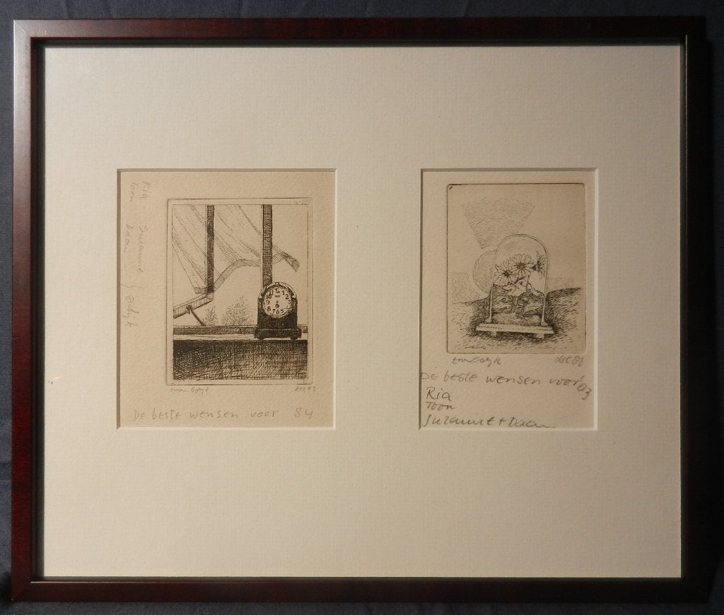 Twee etsen Nieuwjaarskaarten 1983 en 1984 door Toon Odijk, Dagelijks leven, 27 cm, Ophalen of Verzenden, 31 cm