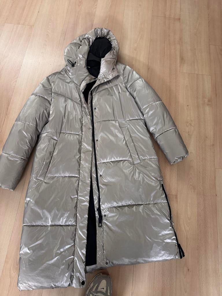 Lange zilverkleurige winterjas met capuchon, Ophalen of Verzenden, Gedragen, Maat 42/44 (L), Overige kleuren