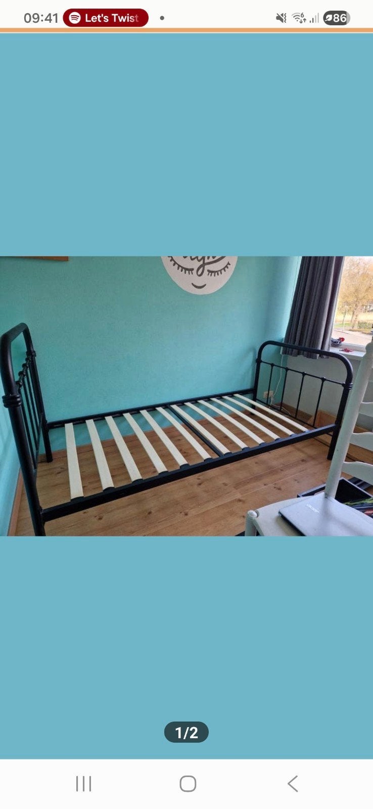 Zwart metalen eenpersoonsbed, Huis en Inrichting, Ophalen, Gebruikt, 90 cm, Eenpersoons