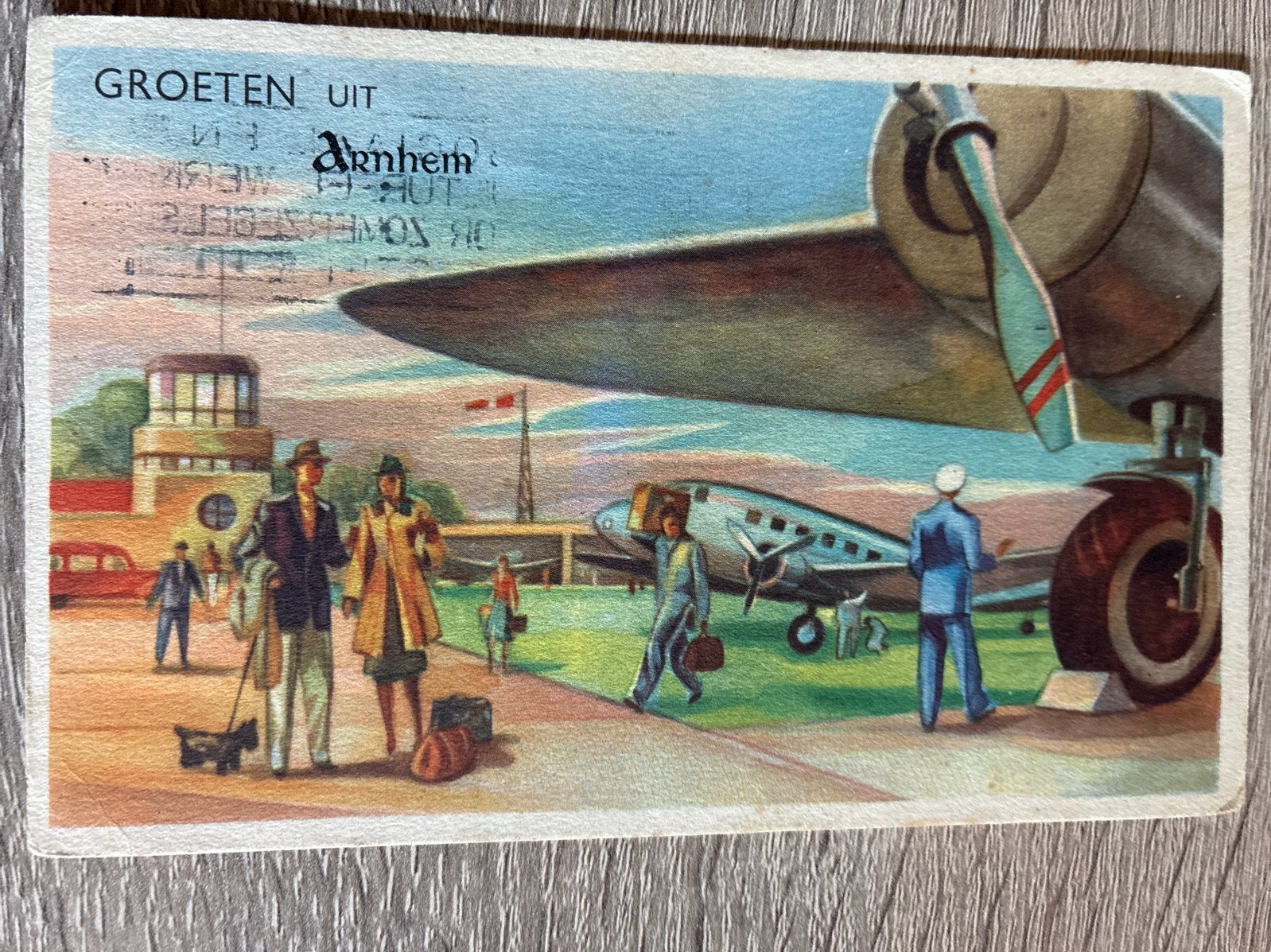 Oude ansichtkaart 'Groeten uit Arnhem' met vliegtuig, Verzamelen, Ansichtkaarten | Nederland, Ophalen of Verzenden, Voor 1920