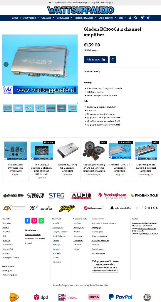 Gladen RC100C4 4 kanaals versterker, Auto diversen, Gebruikt, Hifi-Focus, Aalsmeerderweg 173 1432 CL, Aalsmeer, Ophalen of Verzenden