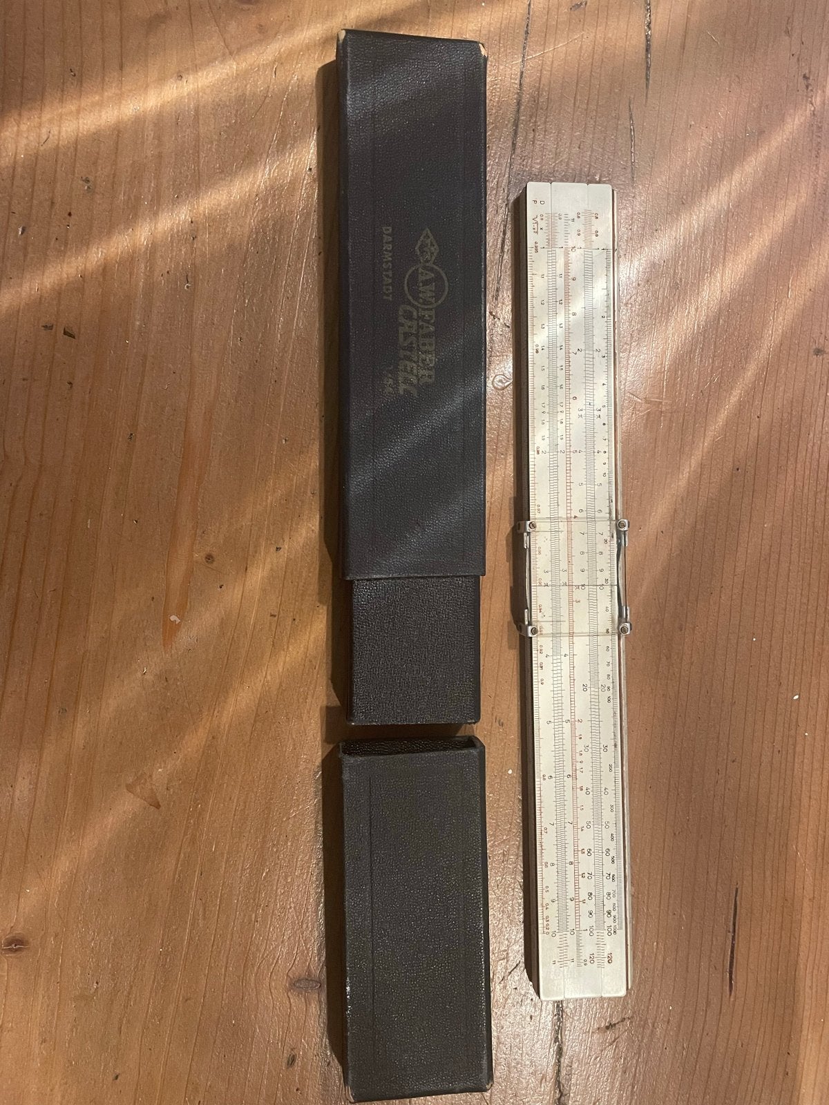 Vintage A.W. Faber-Castell rekenliniaal met etui, Ophalen of Verzenden