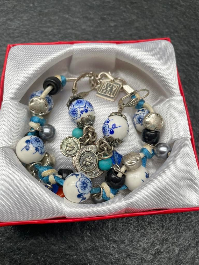 Set armband + oorbellen met Delft blauw motief, Overige materialen, Blauw, Ophalen of Verzenden, Zo goed als nieuw