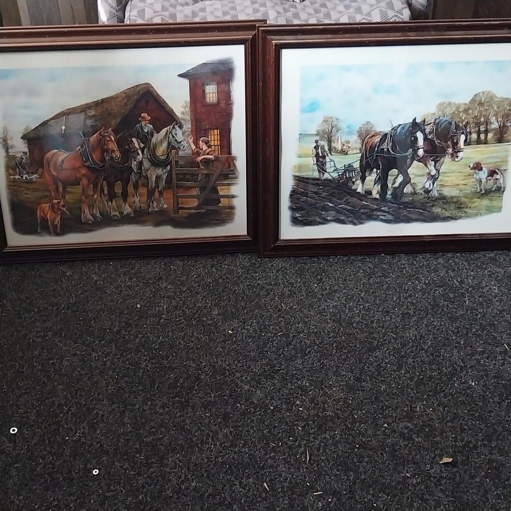 Set van 2 Schilderijen: Werkende Boeren en Paarden, Antiek en Kunst, Ophalen of Verzenden