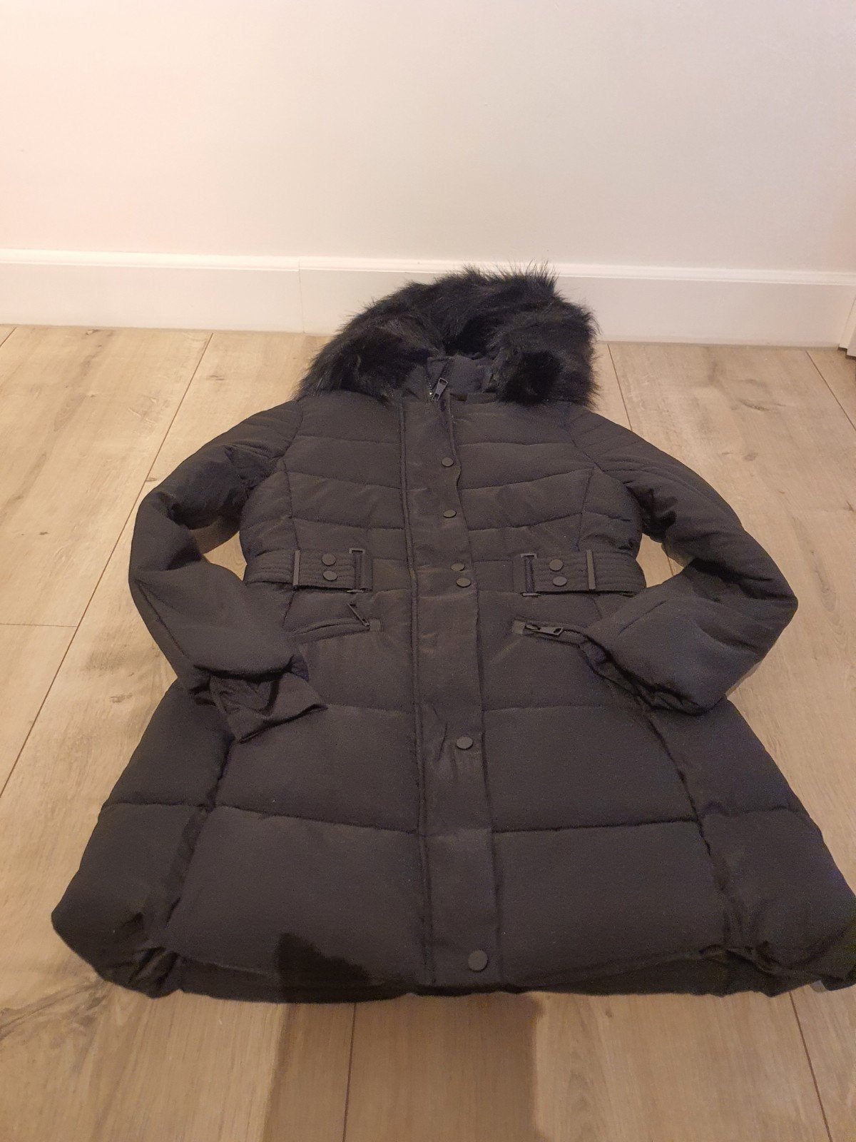 Mochy Zwarte Gewatteerde Jas met Bontkraag Maat XL, Kleding | Dames, Jassen | Winter, Zwart, Maat 46/48 (XL) of groter, Nieuw