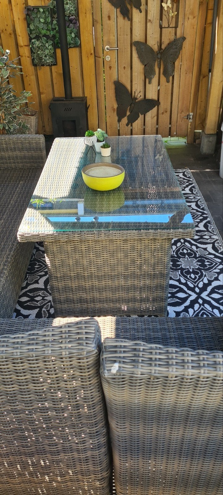 Wicker tuintafel met glazen blad, Tuin en Terras, Tuintafels, Ophalen, Gebruikt, Rechthoekig, Wicker