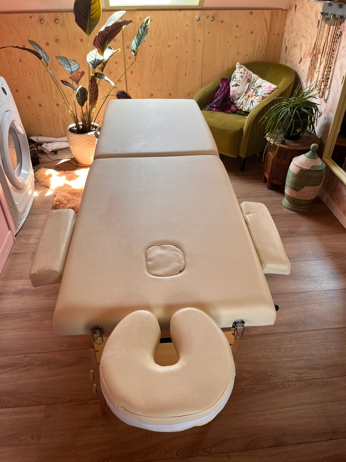 Massagetafel – hout & wit kunstleer– inklapbaar– verstelbaar, Ophalen, Zo goed als nieuw, Massagetafel
