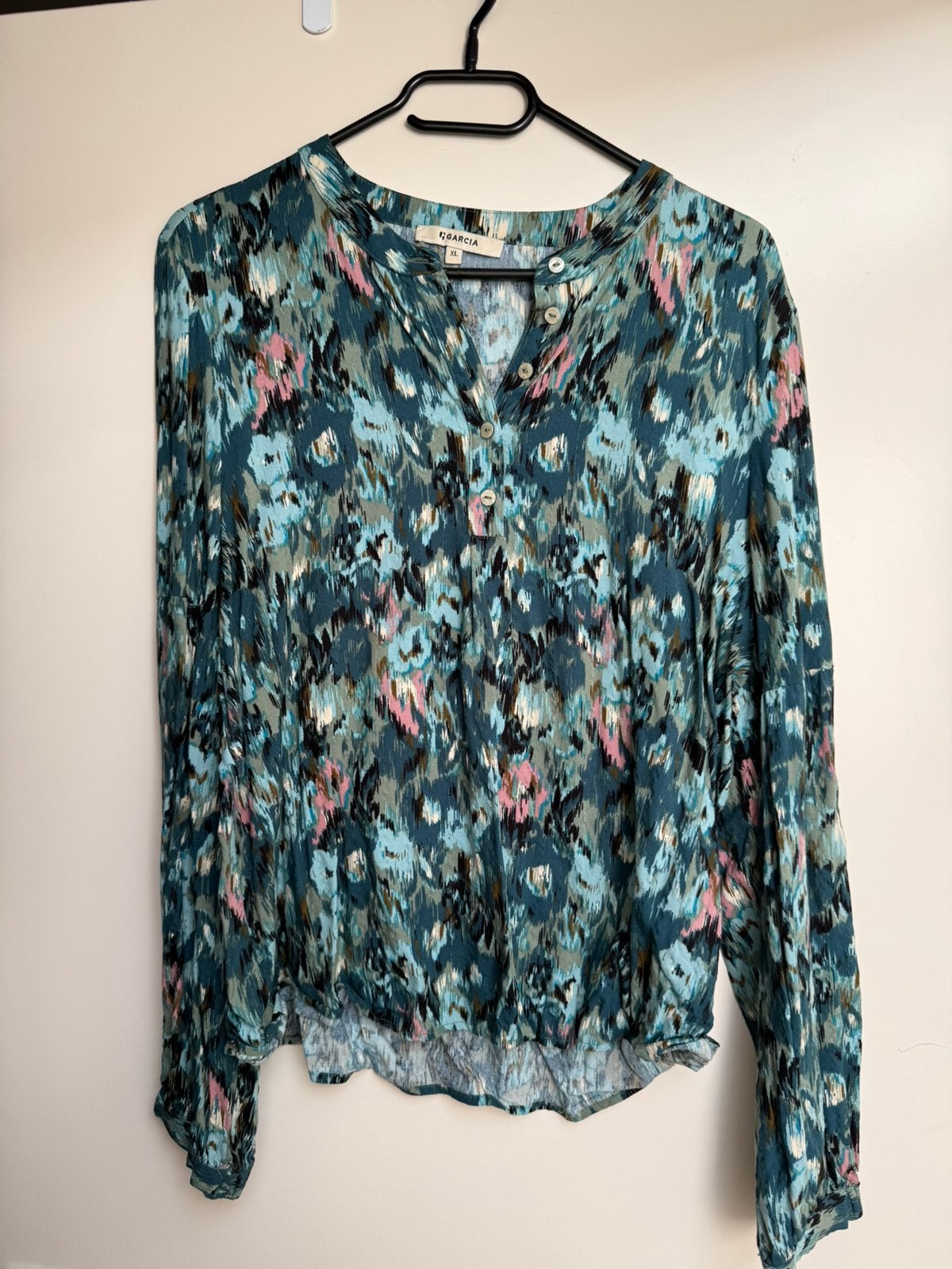 Garcia groen zwart blouse met zilver lurex maat XL zomers, Ophalen of Verzenden, Zo goed als nieuw, Maat 46/48 (XL) of groter